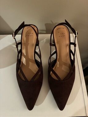 a.new day Women’s Dark Brown Suede Pointed-Toe Slingback Heels